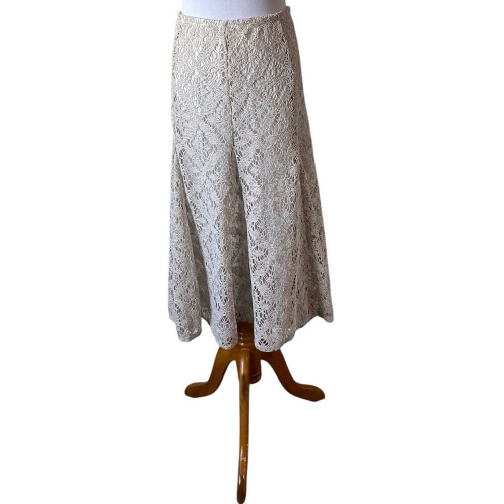 Ruby Rd. Cream Lace Flowy Lined Pull On Elastic Waist Midi Skirt- Large Petite